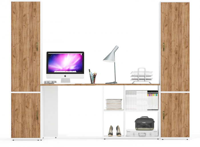 Лидер-8 Пенал МД 23Б + Стол + Пенал 21Б, цвет белый шагрень/крафт золото, ШхГхВ 245х50/37,5х75/190 или 155х120/50х75/190 см., НЕ универсальная сборка