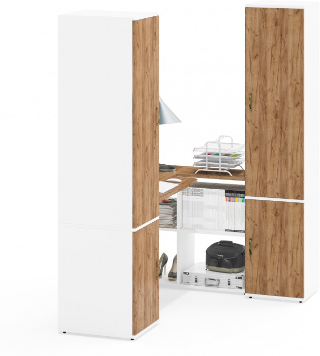 Лидер-8 Пенал МД 23Б + Стол + Пенал 21Б, цвет белый шагрень/крафт золото, ШхГхВ 245х50/37,5х75/190 или 155х120/50х75/190 см., НЕ универсальная сборка