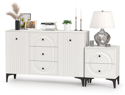 Валенсия Спальня 13.309 Комод + 13.291 Тумба прикроватная, цвет ЛДСП белый шагрень/МДФ белый шагрень, ШхГхВ 182,4х38,4х87,5 см.