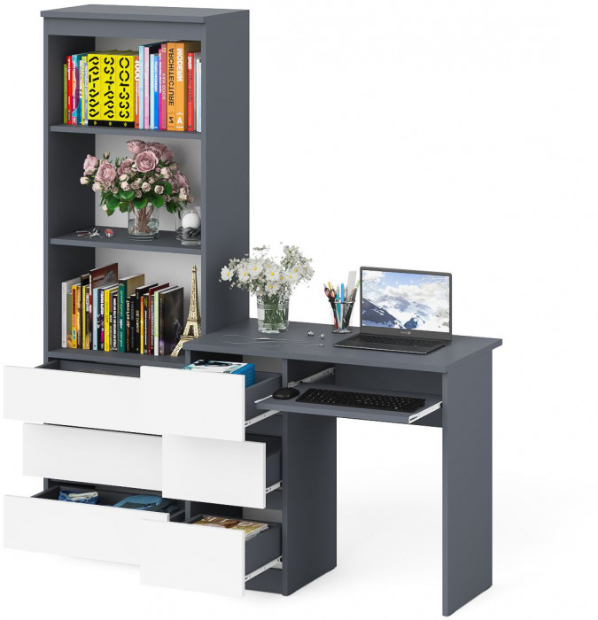 Мори Стол компьютерный МС-6 левый + Стеллаж МСТ600.3, цвет графит/белый, ШхГхВ 150,4х50х179,6 см., выдвижные ящики слева, НЕ универсальная сборка