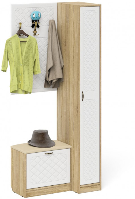 Прихожая П-6 Компоновка № 41, дуб сонома/фасады МДФ белое дерево фрезеровка ромб