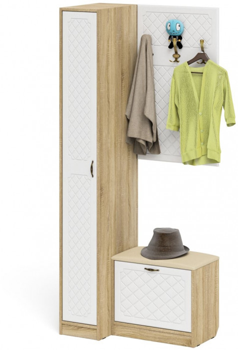 Прихожая П-6 Компоновка № 41, дуб сонома/фасады МДФ белое дерево фрезеровка ромб