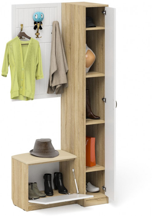 Прихожая П-6 Компоновка № 41, цвет дуб сонома/фасады МДФ белое дерево фрезеровка прованс, ШхГхВ 90х50х210 см., универсальная сборка