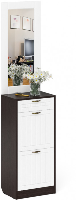 Прихожая П-6 Тумба для обуви 2 секции + Зеркало, цвет венге/фасады МДФ белое дерево фрезеровка прованс, ШхГхВ 50х35х210 см.