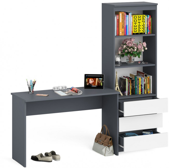 Мори письменный стол МСП1200.1 + Стеллаж МСТ600.3, графит/белый