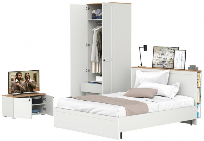 Остин 11.53 Кровать + ортопед + 13.336.02 Шкаф для одежды + 13.257 Тумба, белый шагрень/дуб крафт золотой