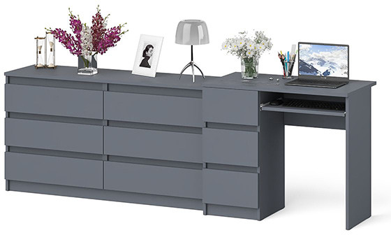 Мори Стол компьютерный МС-6 левый + Комод МК1380.6, цвет графит, ШхГхВ 228х50х76,6 см., выдвижные ящики слева, НЕ универсальная сборка