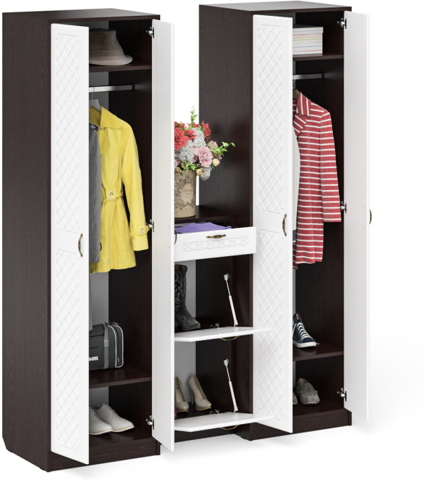 Прихожая П-6 Компоновка № 13, цвет венге/фасады МДФ белое дерево фрезеровка ромб, ШхГхВ 170х50х210 см., универсальная сборка