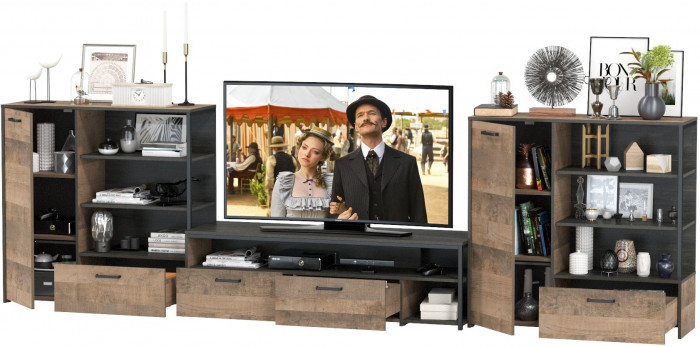 Трувор Гостиная 050, цвет дуб гранж песочный/интра, ШхГхВ 367,8х45,4х106,9 см., универсальная сборка