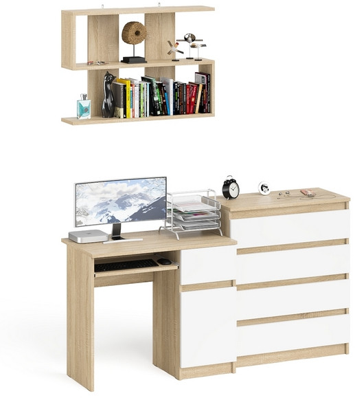 Мори компьютерный стол МС-1 правый + Комод МК800.4 + Полка 900, дуб сонома/белый