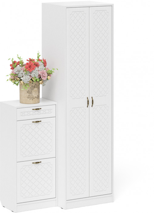 Прихожая П-6 Компоновка № 16, белая шагрень/фасады МДФ белое дерево фрезеровка ромб