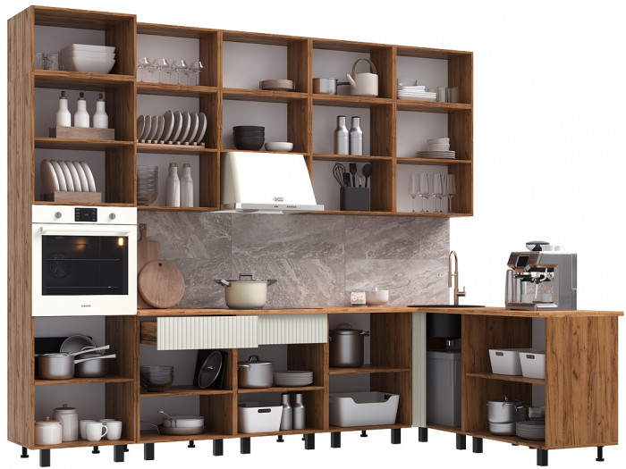 Кухня Оливия NEW 3,0х1,8/1080м Компоновка №3, Крафт золотой/Кашемир