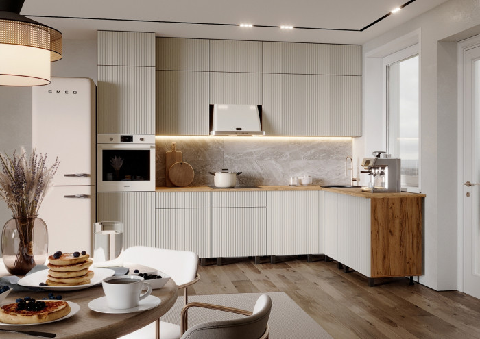 Кухня Оливия NEW 3,0х1,8/1080м Компоновка №3, Крафт золотой/Кашемир