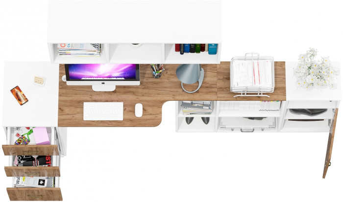 Лидер-8 Стол + Полка + Тумба МД 3.16 + Тумба МД 3.19, цвет белый шагрень/крафт золото, ШхГхВ 245х50/30х75/190 или 155х120/50х75/190 с, НЕ универс. сб.