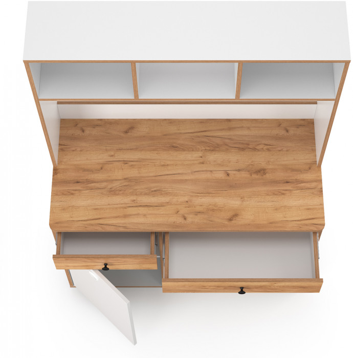 Вуди Стол письменный 12.42 + Надстройка на стол 13.161, цвет белый премиум/дуб крафт золотой, ШхГхВ 110х52,7х158,7 см., универсальная сборка