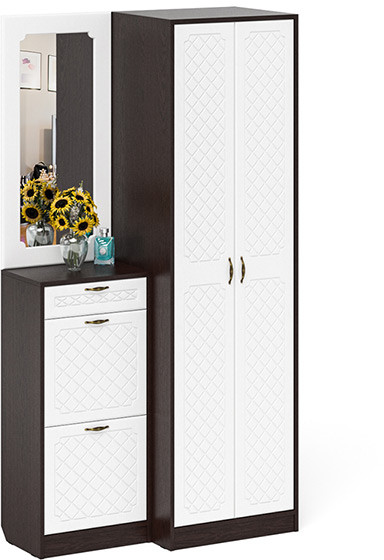 Прихожая П-6 Компоновка № 17, цвет венге/фасады МДФ белое дерево фрезеровка ромб, ШхГхВ 110х50х210 см., универсальная сборка