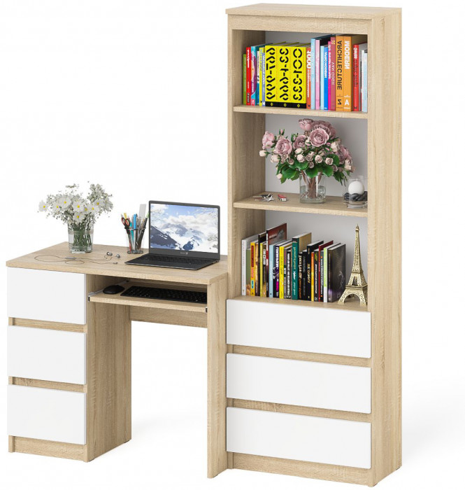 Мори Стол компьютерный МС-6 левый + Стеллаж МСТ600.3, цвет дуб сонома/белый, ШхГхВ 150,4х50х179,6 см., выдвижные ящики слева, НЕ универсальная сборка