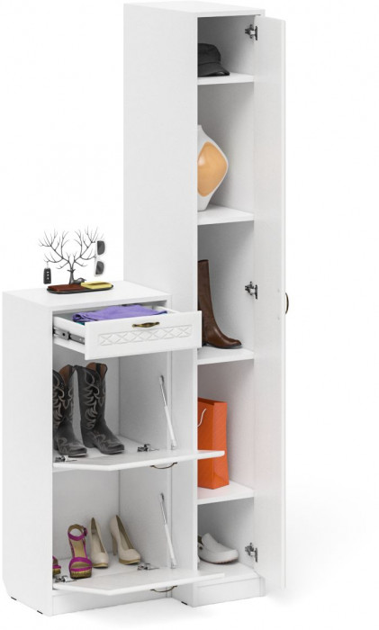 Прихожая П-6 Компоновка № 42, белая шагрень/фасады МДФ белое дерево фрезеровка ромб