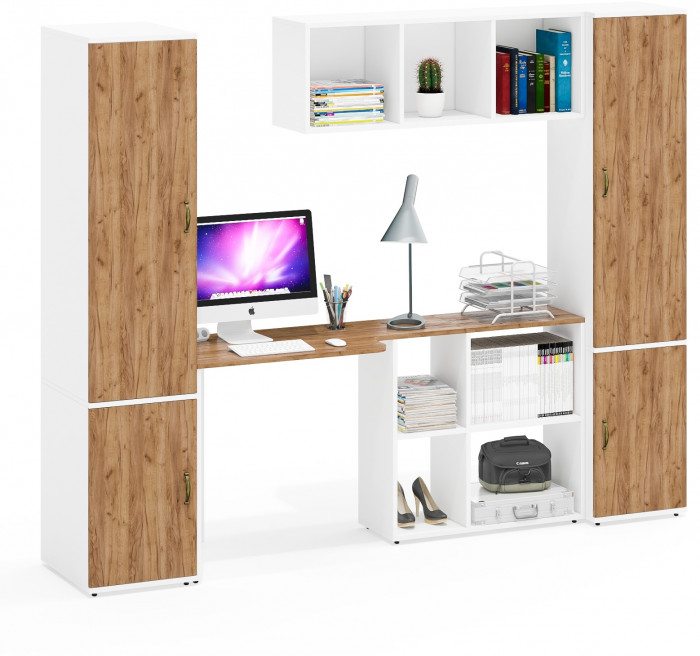 Лидер-8 Пенал МД 23Б + Стол + Полка + Пенал 21Б, цвет белый шагрень/крафт золото, ШхГхВ 245х50х190 или 155х120/50х75/190 см., НЕ универсальная сборка