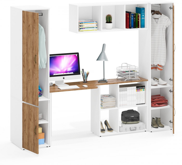 Лидер-8 Пенал МД 23Б + Стол + Полка + Пенал 21Б, цвет белый шагрень/крафт золото, ШхГхВ 245х50х190 или 155х120/50х75/190 см., НЕ универсальная сборка