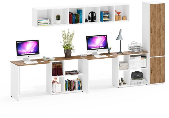 Лидер-8 Стол + Полка + Стол + Полка + Пенал МД 22Б, цвет белый шагрень/крафт золото, ШхГхВ 370х50/37,5х75/190 или 230х120/50х75/190 см., НЕ ун. сборка