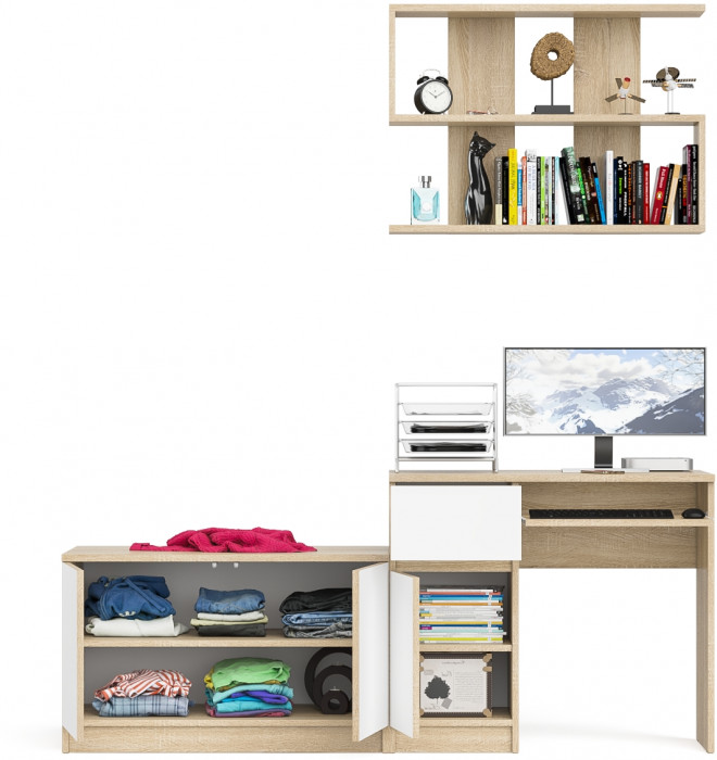Мори Стол компьютерный МС-1 левый + Тумба МА900.1 + Полка 900, цвет дуб сонома/белый, ШхГхВ 180,4х50,4х209,6 см., НЕ универсальная сборка