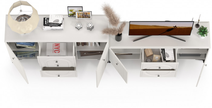 Валенсия Спальня 13.309 Комод + 16.45 Тумба под ТВ, цвет ЛДСП белый шагрень/МДФ белый шагрень, ШхГхВ 266,3х38,4х87,5 см.