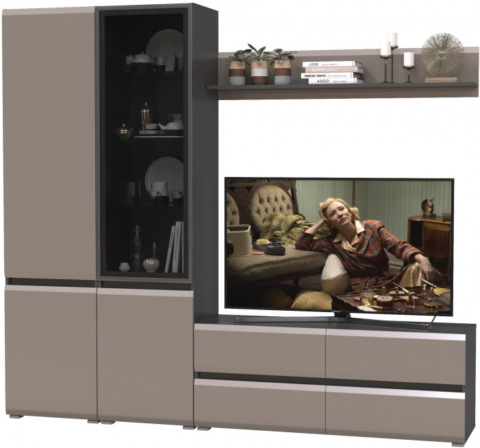 Сидней Комплектация № 050, цвет корпус: антрацит/фасады: МДФ веллюто капучино, ШхГхВ 229,9х41,3х205,2 см., ниша для ТВ 129х41х98 см., универс. сборка