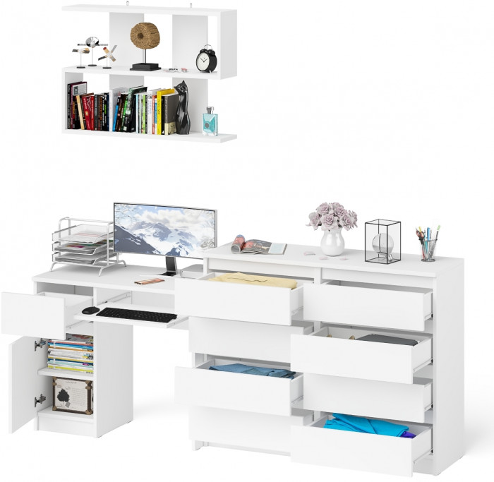 Мори Стол компьютерный МС-1 левый + Комод МК1200.8 + Полка 900, цвет белый, ШхГхВ 210,4х50х209,6 см., НЕ универсальная сборка