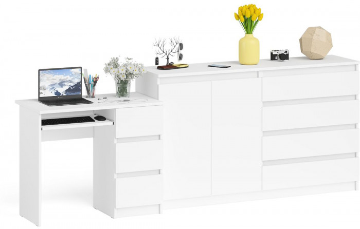 Мори Стол компьютерный МС-6 правый + Комод МК1600.1, цвет белый, ШхГхВ 250,4х50х94 см., выдвижные ящики справа, НЕ универсальная сборка