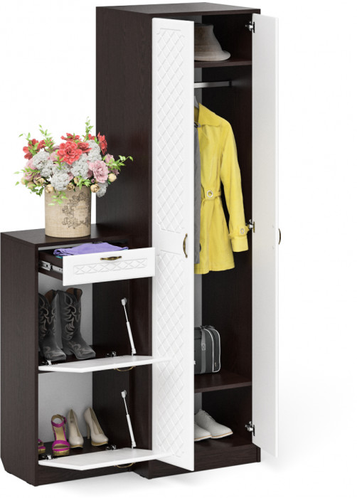 Прихожая П-6 Компоновка № 16, венге/фасады МДФ белое дерево фрезеровка ромб