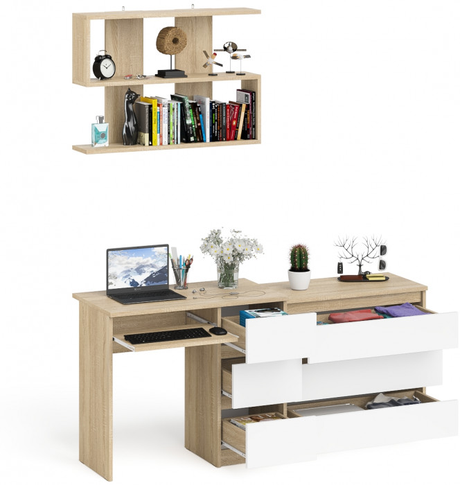 Мори компьютерный стол МС-6 правый + Комод МК800.1 + Полка 900, дуб сонома/белый