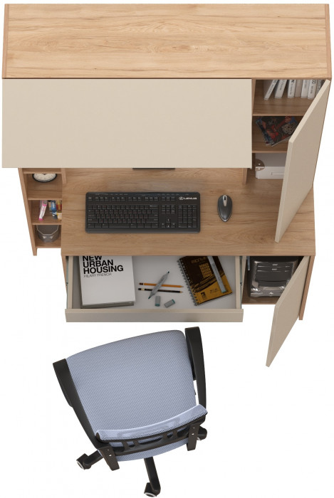 Стол компьютерный Комфорт 12.71 + кресло 103 серое, цвет гикори рокфорд натуральный/сатин, ШхГхВ 116,7х60,2х165,4 см., НЕ универсальная сборка