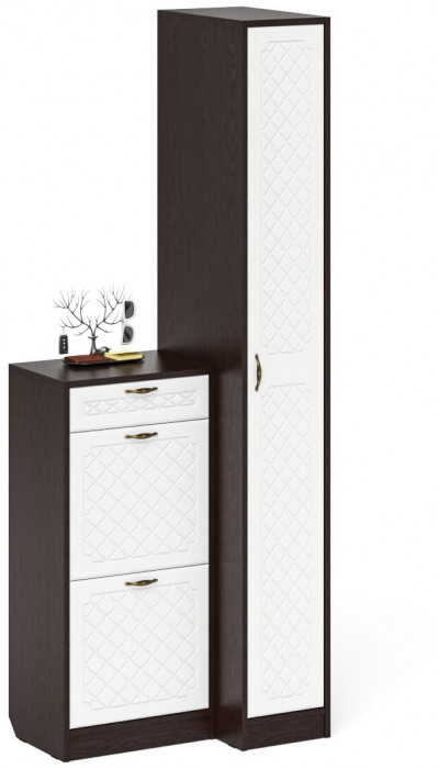 Прихожая П-6 Компоновка № 42, венге/фасады МДФ белое дерево фрезеровка ромб