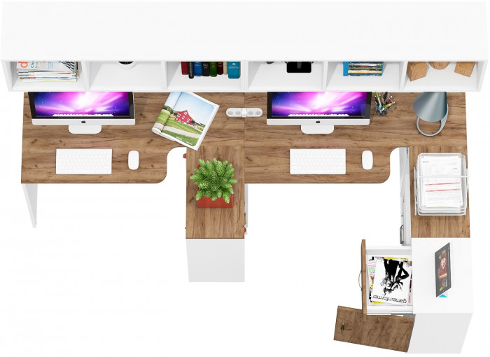 Лидер-8 Стол + Полка + Стол + Полка + Тумба МД 3.15, цвет белый шагрень/крафт золото, ШхГхВ 370х50/30х75 или 230х50/120х75 см., НЕ универс. сборка