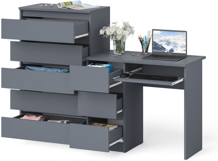 Мори Стол компьютерный МС-6 левый + Комод МК700.5, цвет графит, ШхГхВ 160,4х50х114 см., выдвижные ящики слева, НЕ универсальная сборка