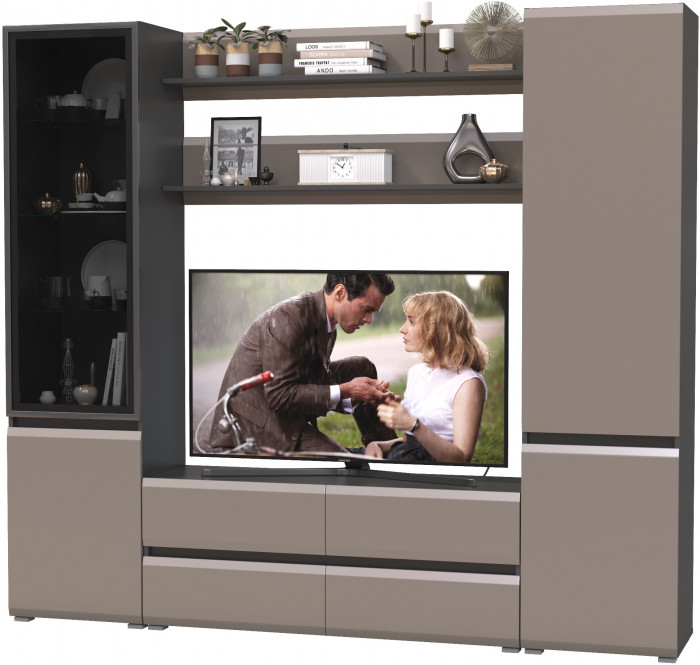 Сидней Комплектация № 069, цвет корпус: антрацит/фасады: МДФ веллюто капучино, ШхГхВ 229,9х41,3х205,2 см., ниша для ТВ 129х41х90 см., универс. сборка