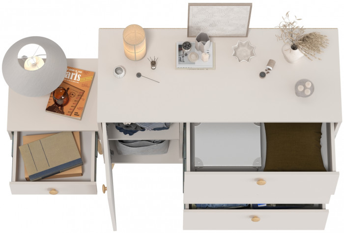 Афина Спальня Комод с дверкой и тремя ящиками + Тумба прикроватная, цвет кашемир серый, ШхГхВ 110х45,3х83 + 45х37х45 см., универсальная сборка