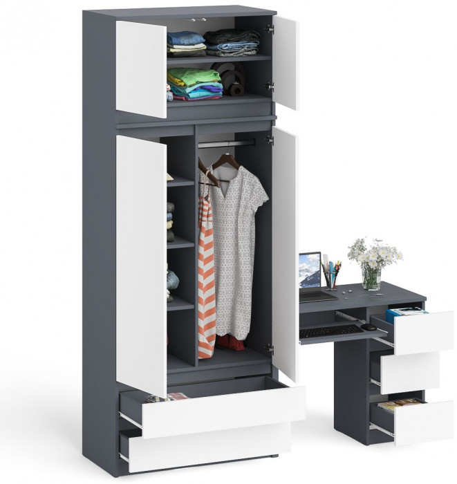 Мори компьютерный стол МС-6 правый + Шкаф МШ900.1 + Антресоль МА900.1, графит/белый
