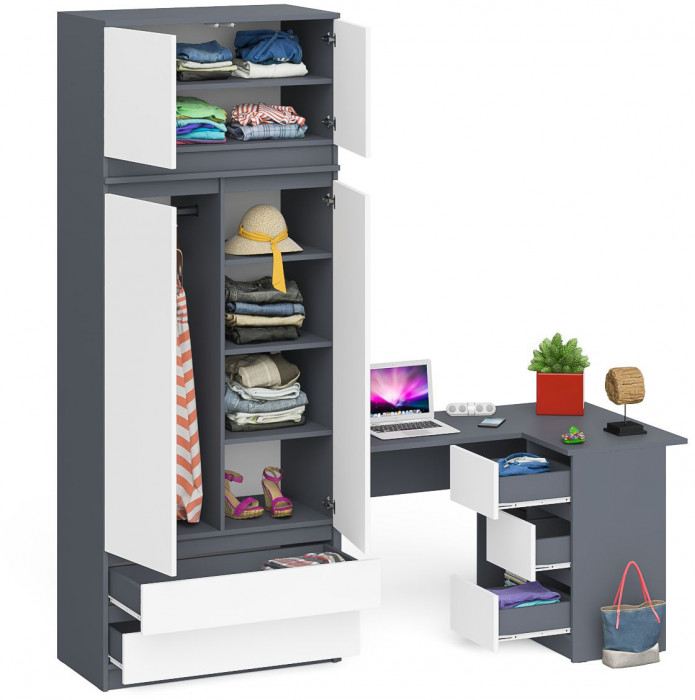 Мори Стол компьютерный МС-16 правый + Шкаф МШ900.1 + Антресоль МА900.1, цвет графит/белый, ШхГхВ 214,8х84,9х234,2 см., выдвиж. ящ. справа, НЕ ун. сб.