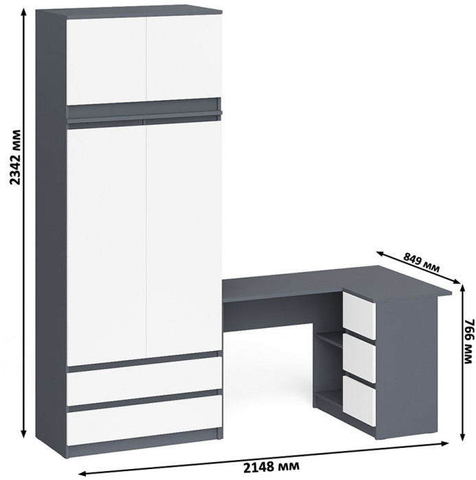 Мори Стол компьютерный МС-16 правый + Шкаф МШ900.1 + Антресоль МА900.1, цвет графит/белый, ШхГхВ 214,8х84,9х234,2 см., выдвиж. ящ. справа, НЕ ун. сб.