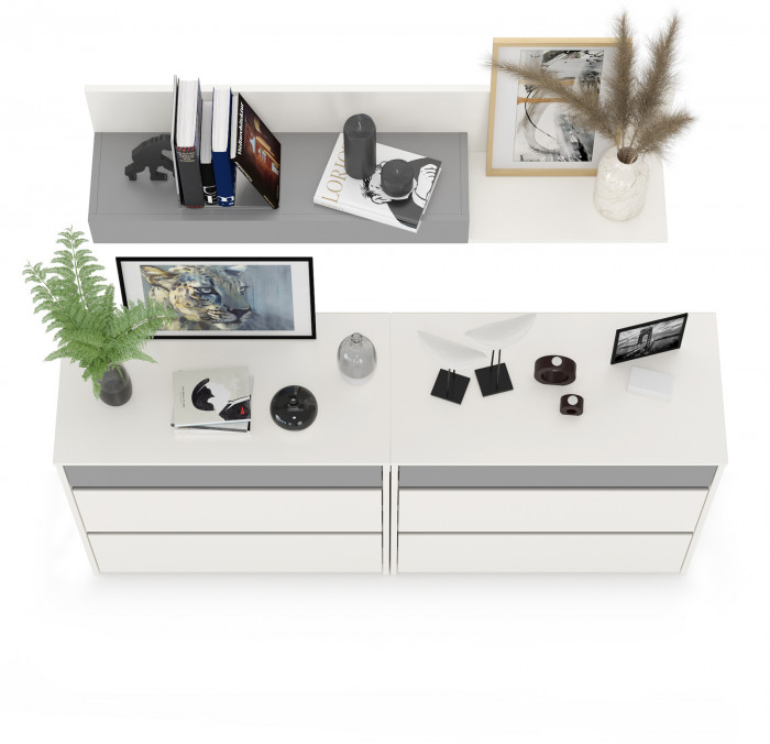 Торонто 13.321 Комод + 13.321 Комод + 16.475 Полка, белый шагрень/стальной серый