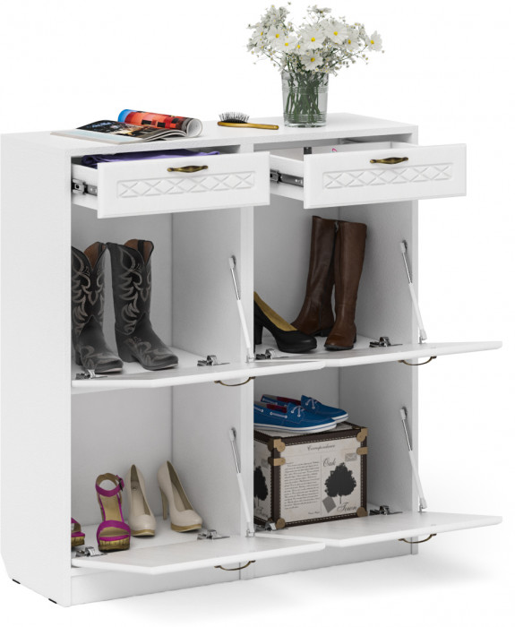 Прихожая П-6 Тумба для обуви 2 секции + Тумба для обуви 2 секции, цвет белая шагрень/фасады МДФ белое дерево фрезеровка ромб, ШхГхВ 100х35х108,3 см