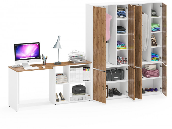 Лидер-8 Стол + Шкаф МД 20Б + Шкаф МД 20Б, цвет белый шагрень/крафт золото, ШхГхВ 325х50/37,5х75/190 или 115х240/50х75/190 см., НЕ ун. сборка