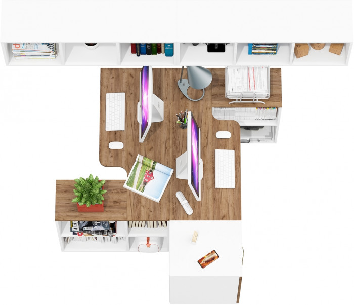 Лидер-8 Стол + Полка + Стол + Полка + Тумба МД 3.16, цвет белый шагрень/крафт золото, ШхГхВ 370х50/30х75/190 или 270х80/50х75/190 , НЕ универс. сборка