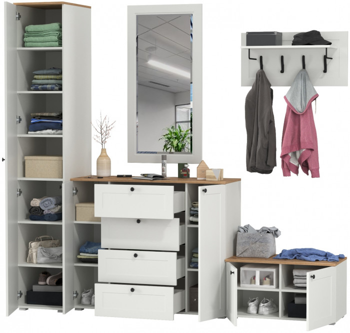 Остин Прихожая 51, цвет белый шагрень/дуб крафт золотой, ШхГхВ 240х54,3х229,6 см., универсальная сборка