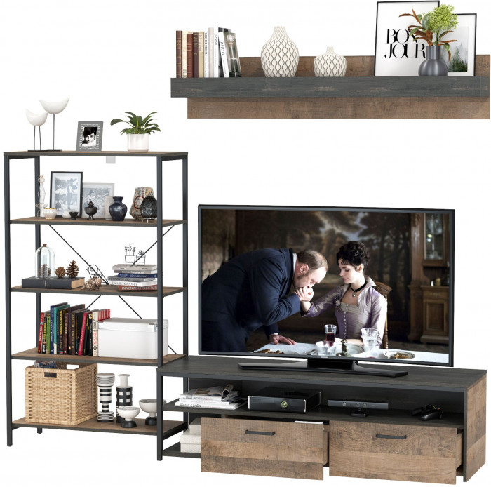 Трувор 13.70 Тумба под ТВ + 13.151.01 Стеллаж + 15.60 Полка, дуб гранж песочный/интра