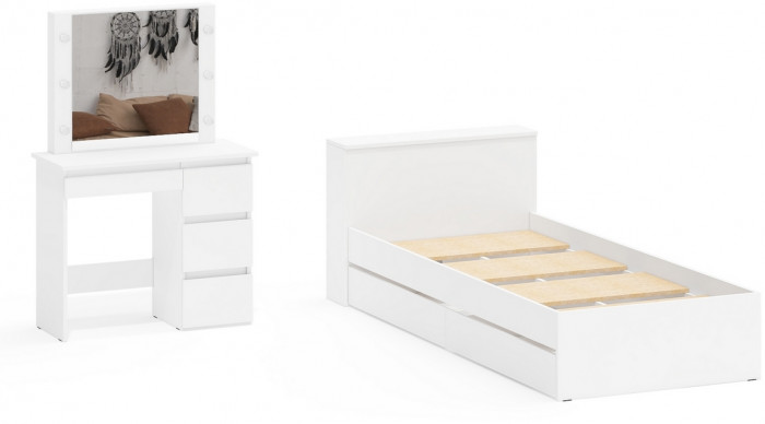 Ксения Кровать с ящиками 0900 + Стол косметический с подсветкой Сура, белый