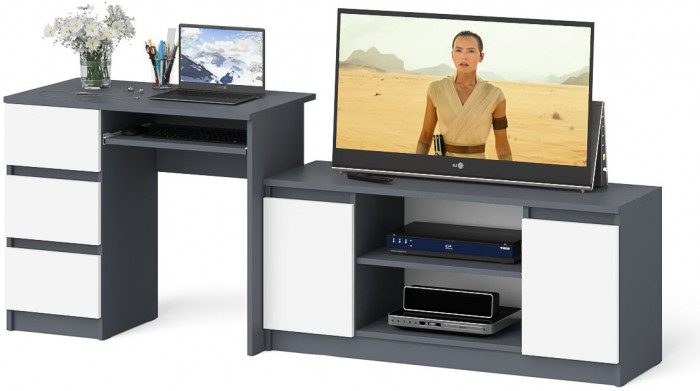 Мори компьютерный стол МС-6 левый + Тумба МТВ1200.1, графит/белый