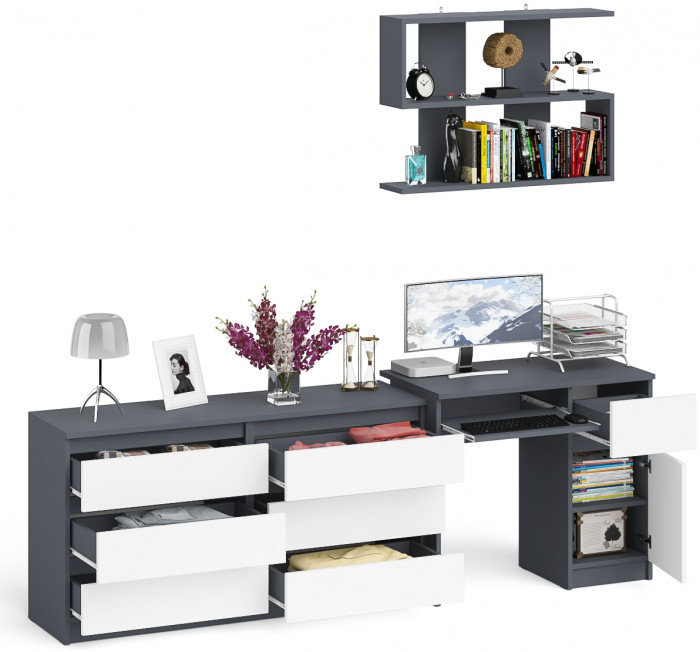 Мори Стол компьютерный МС-1 правый + Комод МК1380.6 + Полка 900, цвет графит/белый, ШхГхВ 228х50х209,6 см., НЕ универсальная сборка